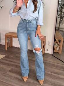 Women's Distressed Elastic Skinny Flare Jeans Casual Spring - 淺色水洗藍 - 查看 2