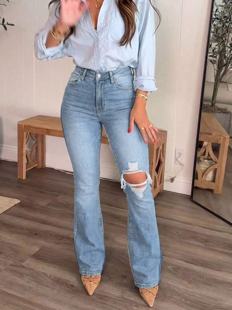 Women's Distressed Elastic Skinny Flare Jeans Casual Spring - Light Wash - View 2