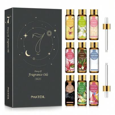 PHATOIL 香氛精油套装 9 瓶装 10ml/0.33fl.Oz 香氛精油套装，适用于肥皂、蜡烛制作、香薰机、加湿器、DIY 香氛 - 椰子香草/白麝香/咖啡/泡泡糖/D-Jador/天使/黑兰花/木兰