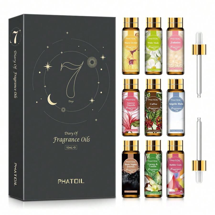 PHATOIL 香氛精油套装 9 瓶装 10ml/0.33fl.Oz 香氛精油套装，适用于肥皂、蜡烛制作、香薰机、加湿器、DIY 香氛 - 椰子香草/白麝香/咖啡/泡泡糖/D-Jador/天使/黑兰花/木兰 - 9 pcs/set-C - 查看 1