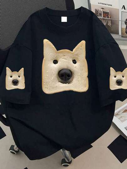 Camiseta gráfica de cuello redondo con estampado de caniche para mujer de talla grande, adecuada para vacaciones de verano, playa, días festivos, primavera, Día de San Valentín, Carnaval, regalo para el Día de la Madre; regalo para mamá; adecuada para uso diario, salidas, festivales, playa, fiestas, cumpleaños, reuniones, escuela, festivales de música