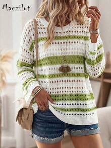 Women's Loose Sheer Striped Hollow Out Cover Up, Round Neck 3/4 Sleeve Pullover Top, Spring - Multicolor - View 1