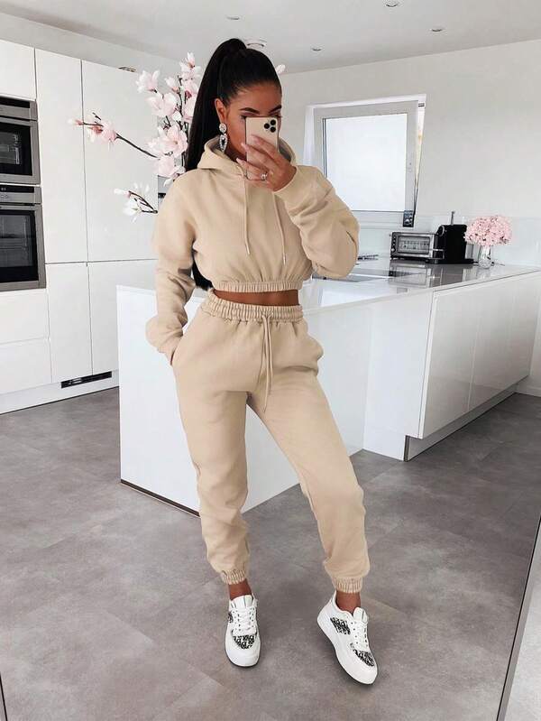 Casual Solid Color Drawstring Hoodie And Sweatpants Set Winter Elegant