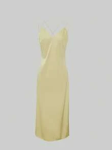 2026 Spring/Summer New Fashionable Satin Sexy Spaghetti Strap Deep V Glossy Eye-Catching Elegant Niche Party Atmosphere Romantic Date Long Dress, Suitable For Valentine's Day Party, Carnival, Wedding Guest - Yellow - View 9