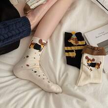 4 Pairs Of Cute Dachshund Printed Women's Round Neck Socks, 2026 New Year Cartoon Dog Socks, Soft And Comfortable Cotton Socks, Suitable For Daily Home Wear - Random - View 3