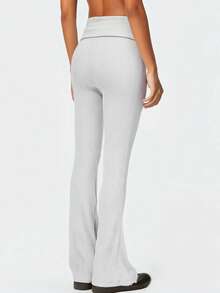 Women's Flared Pants Stylish Solid Color Ribbed Fold-down Waist Design Casual Slim Fit Bell Bottoms - Gris Claro - Ver 5