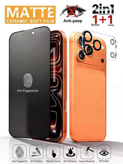 2in1 Matte Privacy Screen Protector, Compatible With 17/16ProMax/16E/16Plus/15ProMax/14/13/12/11/XR/X/XS/7/8, 2.5D Anti-Fingerprint 1pc Matte Privacy Screen Protector+1pc Lens Protector Film, Full Coverage, Ceramic Matte Screen Protector, Anti-Peeping Matte Privacy Film Screen Protection Essentials, Applicable To Daily Shield, Office, Home Daily Shield Office Home Phone Screen Protector Phone Accessories Anti-Spy Waterproof Shockproof Anti-Fall Scratch Resistant