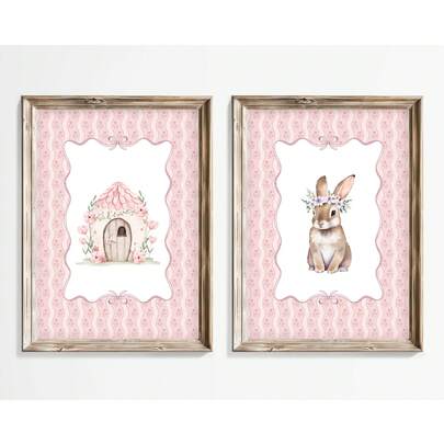 1/2幅复古别致复活节墙画，粉色格子蕾丝边框印花帆布画，水彩兔子与花卉仙女屋海报，复古农舍春季装饰，适合女孩卧室、婴儿房、客厅装饰，送给她的礼物，可选择无框或有框。