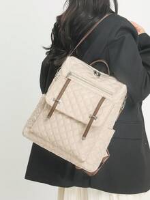 Diamond Quilted Backpack | Interpret The Aesthetics Of Commuting All Day Long Leather Trim * Double Side Bag System A Set Of Equipment To Unlock Absolute Visual Sovereignty Of Daily, Travel, Travel Double Standard Top Handle Adjustable Wide And Thick Shoulder Strap - Multicolor - View 9