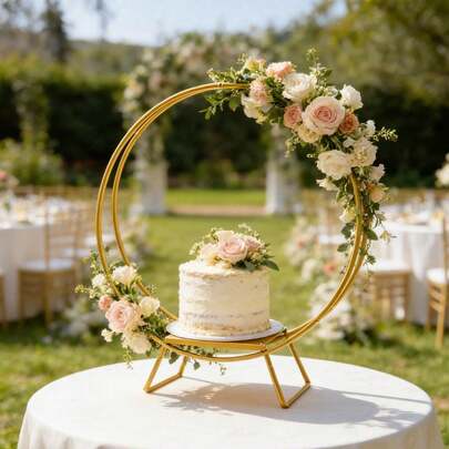 Golden 11.02LBS Load-Bearing Carbon Steel Cake Stand, High-Temperature Baked Paint Round Dessert Display Stand. 80cm Hoop Diameter Stainless Steel Cake Stand For Weddings, Parties, Birthdays, Home & Hotel Decor. Easy Assembly & Simple Cleaning Round Cake Stand For Various Occasions.