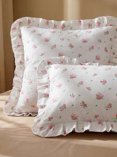 1pc Elegant Printed Ruffled Throw Pillow Cover, Soft & Breathable, Without Pillow Insert, Suitable For Casual Home Decor, Indoor Sofa, Bedroom, Dorm, Bedding. Machine Washable, All Season. Essential For Home And Student Dorm. Oeko-Tex Certified.