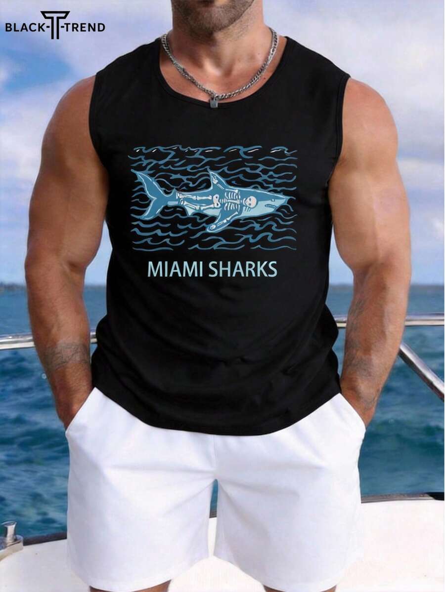 Áo tank top nam in hình cá mập Miami Beach, thích hợp cho du lịch mùa hè. - màu đen - Xem 1