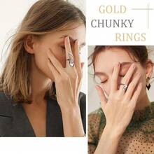 FIBO STEEL 9 Pcs Gold Plated Chunky Rings For Women 18K Gold Plated Ring Set Dome Thick Open Rings Adjustable - SilverTone - View 10