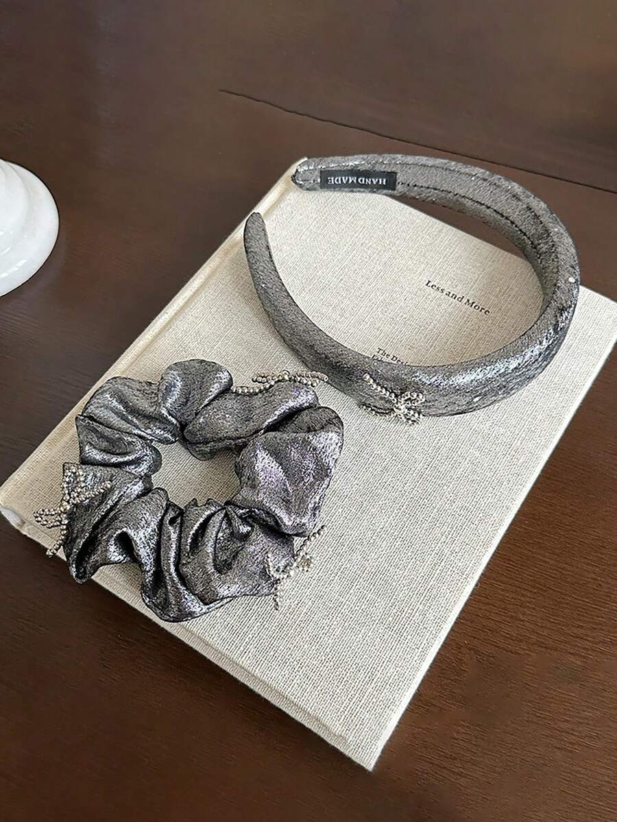 串珠蝴蝶结发圈，闪亮粗螺旋发绳，光泽柔软马尾辫发饰发圈 - 彩色 - 查看 1