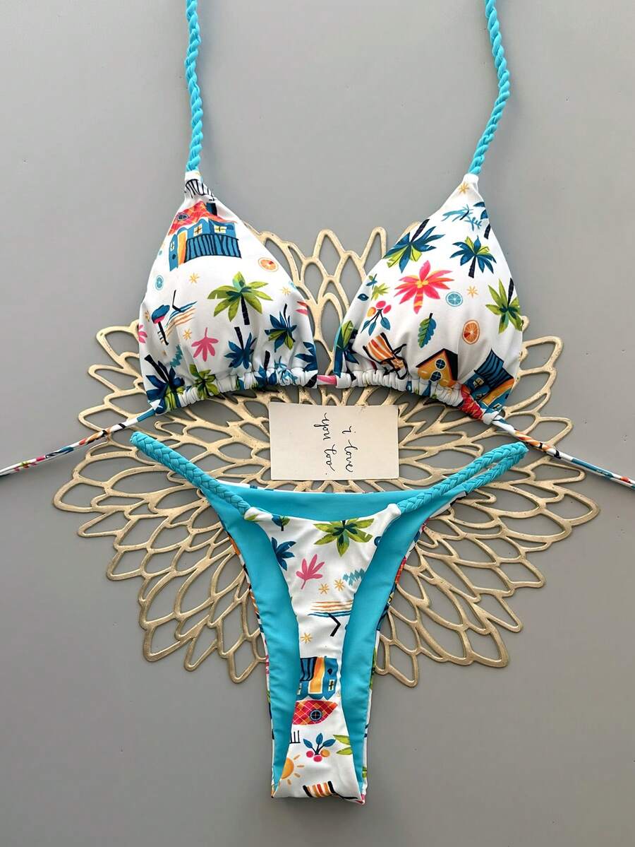 2pcs Tropical Print Swimsuit, Casual Cute Elegant Sexy Bohemian Style Tie Front Bikini, Beach Holiday Outfit For Women, Spring/Summer - Multicolor - View 1