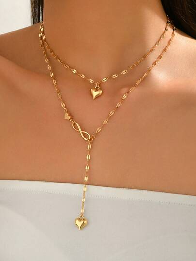 2pcs/Set Minimalist Elegant Gold Collarbone Chain Necklace With Vintage Heart Pendant And Infinity Symbol Decoration, Suitable For Daily Wear, Dates, Parties, Music Festivals