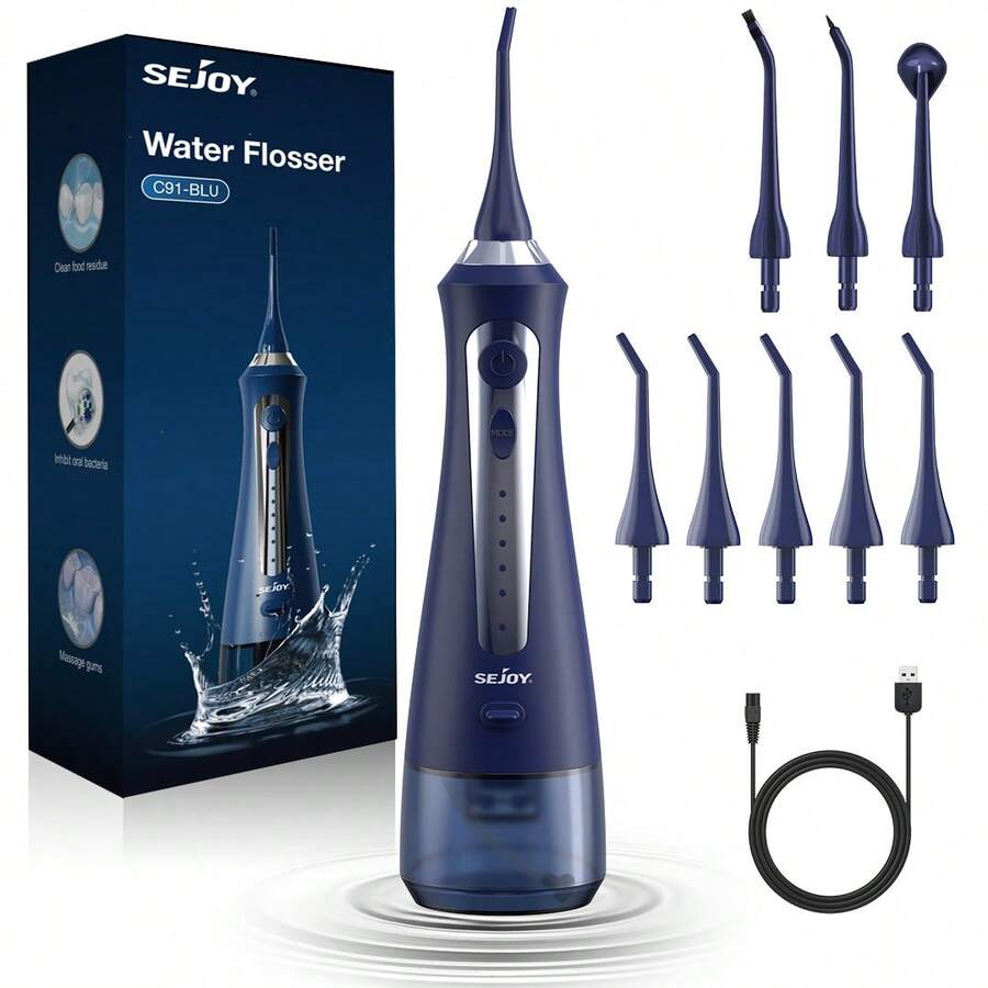 Sejoy Mouthwash Device, Water Flosser, 5 Cleaning Modes, 8 Nozzles, USB Charging, IPX7 Waterproof, 230ml Water Reservoir, Effectively Removes Food Debris And Plaque, Improves Oral Health - 藍色 - 查看 1