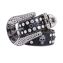 1PC Skull Rhinestone Leather Belt, Bling Crystal Studded Waist Belt, Western Style Punk Belt For Men & Women, For Jeans, Halloween, Parties, Nightclub, Adjustable Eye-Catching Fashion Belt For Daily & Costume Use - 黑底 白鑽 - 查看 2