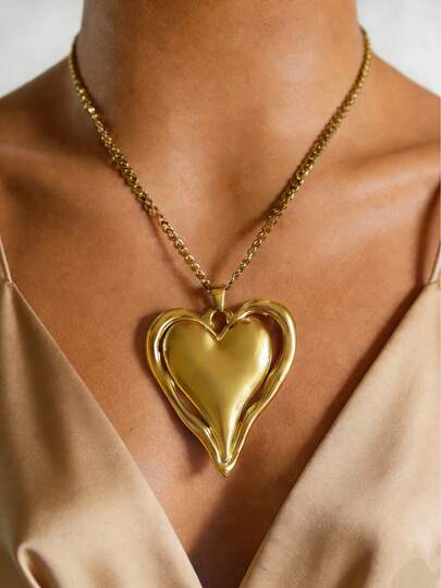 MECYLIFE 1pc Stainless Steel Hollow Heart Pendant Necklace, Punk Style Cuban Chain Necklace, Personalized Jewelry Gift For Valentine's Day, Mother's Day