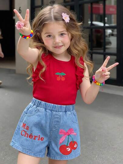 [Non-Denim] 2pcs Young Girl Casual Fruit Embroidery Graphic Sleeveless Crew Neck Top And Elastic Waist Fruit Print Sports Shorts Set, Suitable For Daily, Home, Outdoor, Spring/Summer