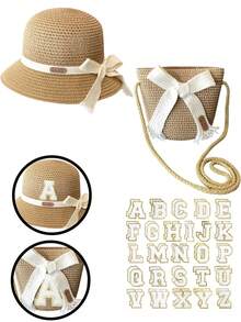 2件套白色26字母装饰女童草帽和草编包套装，包括编织宽檐遮阳帽、草编单肩包、草编斜挎包和草编零钱包，清新甜美风格，适合春夏假期。 - 彩色 - 查看 65
