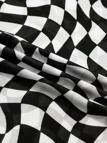 Camiseta holgada de malla con cuello redondo y estampado de tablero de ajedrez para mujer - Negro - Ver 10