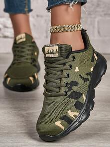 Spring And Summer Women's Breathable Casual Sports Shoes, Lightweight And Soft Textured Pattern Designed Sports Control Cushioning Road Running Shoes, Fashionable Multi-Purpose Anti-Slip And Wear-Resistant Walking Shoes, Large Size And Versatile Off-Road Shoes - xanh quân đội - Xem 2