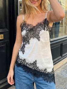 Women Satin Lace Camisole Top Sleeveless Spaghetti Strap Silk Lace Trim Cami Top Asymmetrical Tank Top Streewear - Đen và trắng - Xem 2