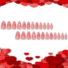 DPink Valentines Pr On Nails Medium Almond Artificial Acrylic French Tip False Nails 3D Glitter Love Coffin Nails Full Cover Glossy Heart Stick On Nail Artificial Fingernails Women Manicure 24Pcs - 彩色 - 查看 3