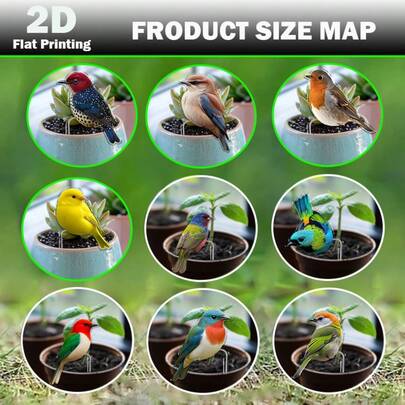 Multicolor Acrylic Bird & Floral Potted Plant Inserts, Suitable For Seasonal Gifts, 2D Flat Printing, Can Be Used For Garden, Yard, Potted Plant Ground Decor, Suitable For Planter Decoration, Flat Handicrafts, Garden Decor, Outdoor Decor And Home Decor, Adding Beauty And Uniqueness To Your Garden