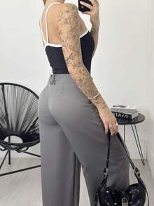 Premium Tailored Wide Leg Trousers - Grey - View 4