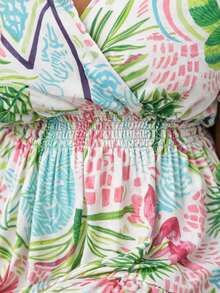 Women's Plus Size Printed Dress, Short Sleeve, Casual, Adjustable - 列印 1 - 查看 2