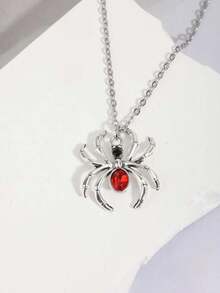Y2K复古哥特朋克摇滚风红心宝石玫瑰十字心红宝石蜘蛛剑吊坠项链不锈钢链个性化嘻哈项链套装可叠戴，男女皆宜 - 銀色 - 查看 6