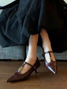 法式新款搭扣小猫跟玛丽珍鞋，优雅女士尖头细高跟鞋，适合办公室穿着 - 酒紅色 - 查看 6