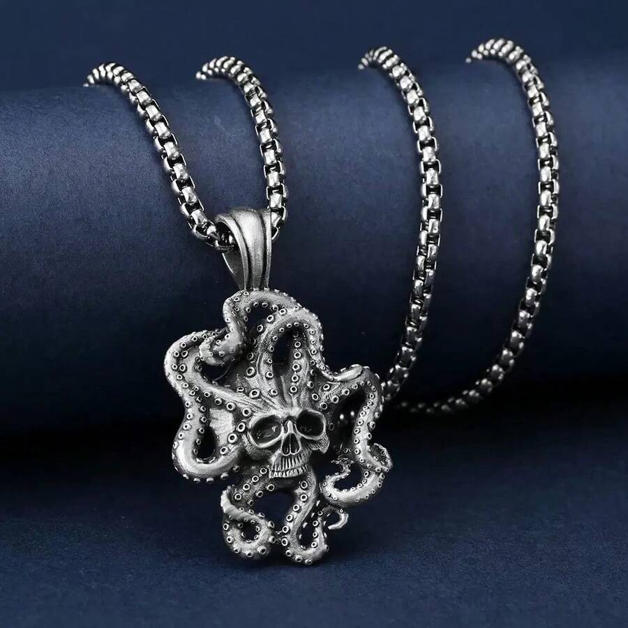 男士哥特朋克风骷髅章鱼合金吊坠项链 - 銀色 - 查看 1