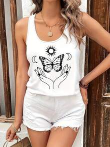 Women's Sleeveless Tank Top - Non-Transparent Smooth Surface Casual Blouse, Everyday & Formal Outfits - Machine Washable Women's Clothing, Versatile Outfit, Graphic Print Design, Nontransparent Fabric, Summer Fashion,  Design, Breathable Fabric, Summer Wardrobe - White - View 13
