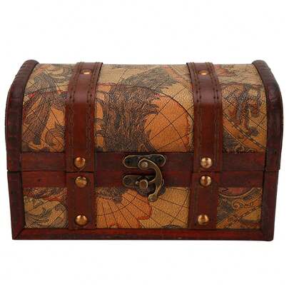 Vintage Wood Box Jewelry Storage Case Handmade Treasure Chest (Map)