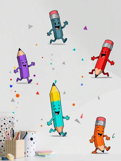 1张创意彩色铅笔图案自粘壁纸，适用于卧室和客厅装饰，清新的春季家居装饰，让您的家时尚又充满活力。