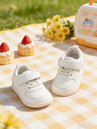 1 Pair Children's White Fashionable Versatile Hook And Loop Lace-Up Round Toe Sports Shoes, Soft Flat Sole, Comfortable Breathable, Suitable For Daily Outdoor Activities, Sports Exercise, Jogging And School Uniform Matching, All Season Wear