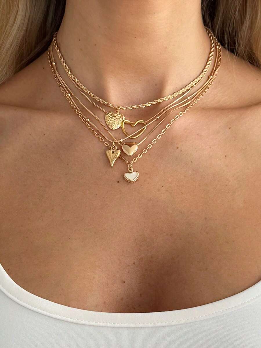 5件套朋克风金属心形吊坠项链，个性化流苏编织链，时尚百搭，适合派对和节日佩戴 - 桃心麻花項鍊 - 查看 1