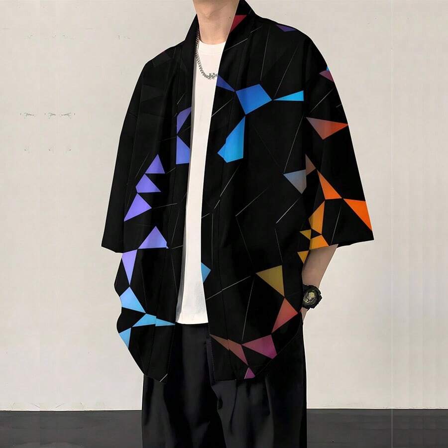 Men's Cardigan, Loose-Fitting And Lightweight Fabric, Comfortable And Breathable, Non-Stretch And Machine Washable, Sweet And Cool Style, Color-Blocked Geometric Print. - 彩色 - 查看 1