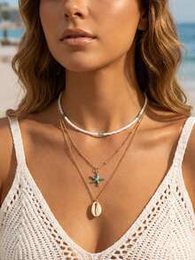 1件夏季度假时尚海洋沙滩风可叠戴编织串珠海星吊坠项链，绝佳礼物之选 - 彩色 - 查看 2