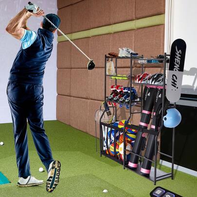 Golf Storage Garage Organizer, 2 Golf Bag Storage Stand Holder And Other Sports Equipment Storage Rack, Outdoor Steel Ball Cart, Sports Gear And Toys Storage Shelves With Baskets & Hooks, Black