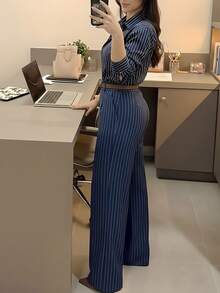 高腰竖条纹修身休闲女裤 - 运动风，速干弹力面料，街头潮流 | 通勤/商务场合皆宜，打造复古学院风 | 宽松束脚或修身直筒裤型 - 寶藍色 - 查看 5