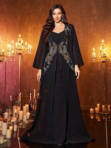 Vestido de noche ajustado de doble capa de gasa con cuello de corazón, manga larga y bordado de lentejuelas [Estampado aleatorio] UNITHORSE para mujer - Negro - Ver 3