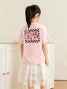 Baby Girls Plaid Graffiti & Letter Print Cute Girl Graphic Round Neck Short Sleeve Top - Pink - View 2