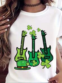 St Patrick Day Rocker Guitar Saint Paddys Band Men Boys  T-Shirt 100%Cotton Funny St. Patrick'S Day Graphic Print T-Shirt Medium Stretch Fabric Round Neck Short Sleeve All-Season Comfort Suitable For Women - 白色 - 查看 1