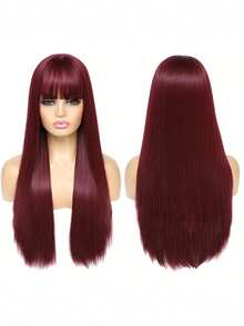 24英寸长直发酒红色合成假发，带刘海，适合日常派对佩戴，耐热纤维材质，高密度，适合上学、万圣节、感恩节、圣诞节、音乐节、狂欢节、新年等场合，可作为礼物赠送。 - 酒紅色 - 查看 5