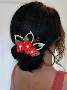 1 Stück rote Blumen Haarkamm mit eleganter Perlen-Kristall-Dekoration, feenhafter Seitenhaarschmuck geeignet für Braut, Hochzeit, Festival, Party, täglichen Lässig-Anlass, Date-Gelegenheiten für Frauen, Haarkamm, Haarschmuck - Rot - Übersicht 6