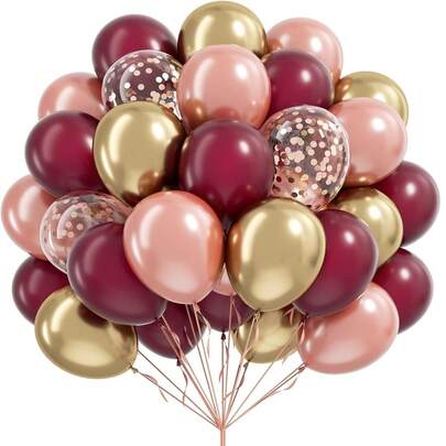 30个酒红色金色玫瑰金气球套装，10/12英寸酒红色金色珍珠玫瑰金乳胶气球（含彩色亮片），适用于生日、婚礼、情人节、圣诞节、新年、开业典礼、毕业季、家居装饰、气球布置、气球派对、摄影道具、入住拍照背景、静物装饰等场合。